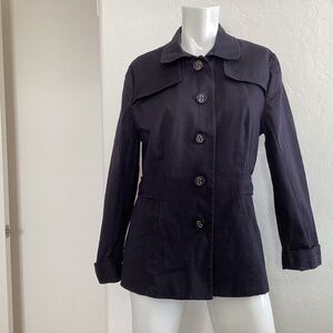 Apostrophe navy blue cotton stretch, lined, short trench barn jacket, size 14